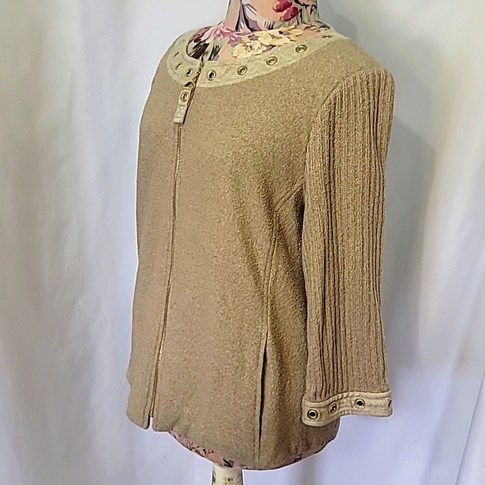 ST. JOHN SPORT Wool Rayon Blend Rivet Zip Up Jacket Ribbed Classic